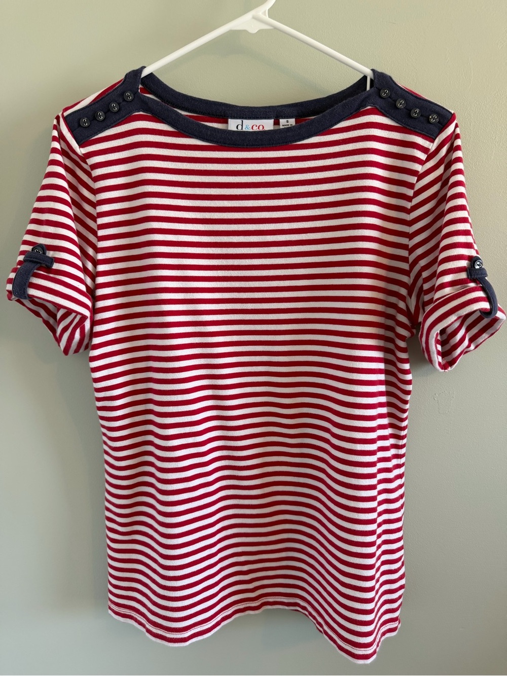 Denim&Co Red and White Striped Short Sleeve Tee with Navy Trim